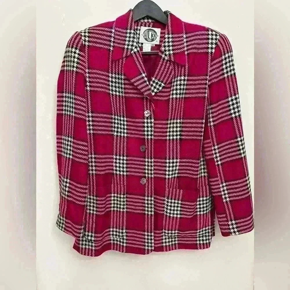 Vintage Silks Women's Jacket Plaid Pink Silk Wool Tweed Lined Size M Y2K Retro